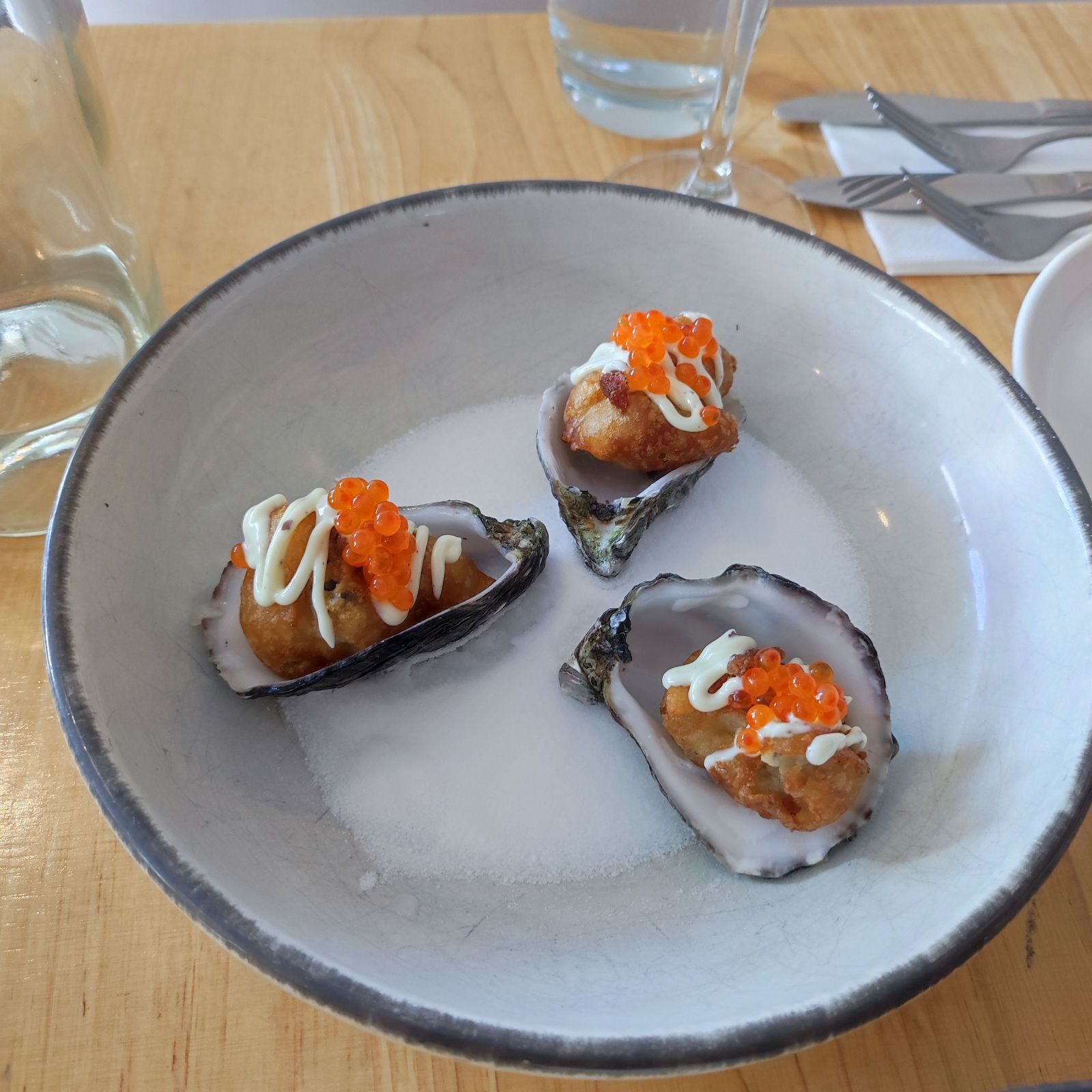 Three or six crispy oysters, lemon & dillisk aioli, goatsbridge trout