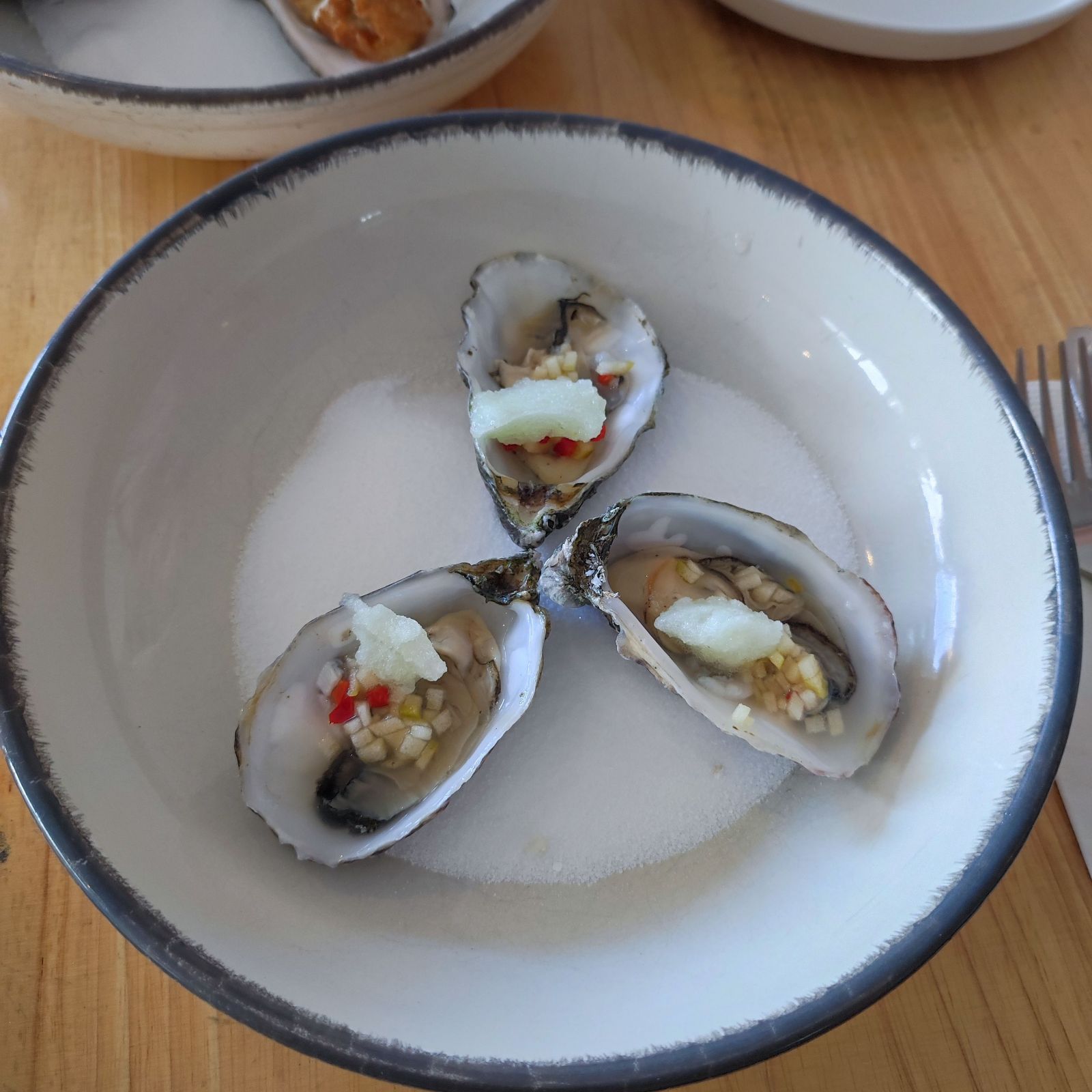 Three or six natural oysters, pickled apple, chilli, apple sorbet